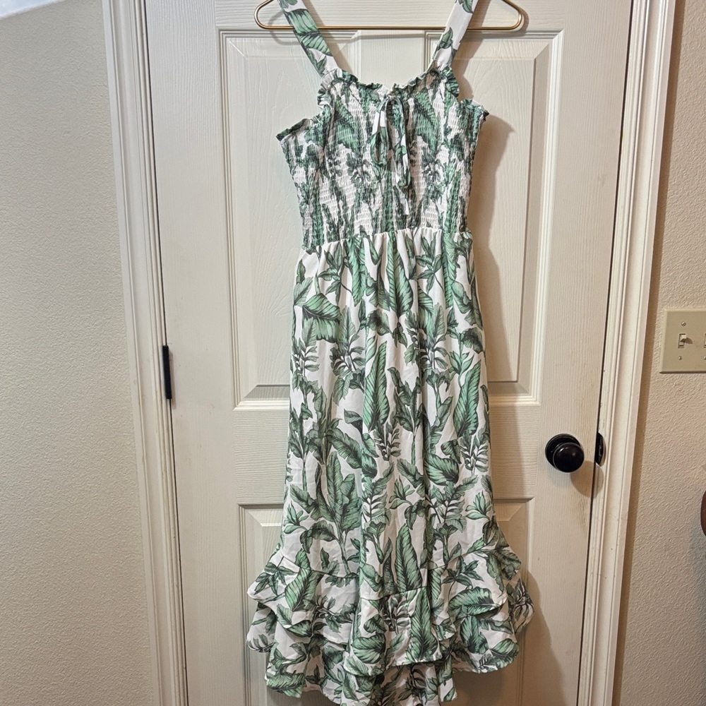 Grace Karin White Midi Dress with Green Leaf Print